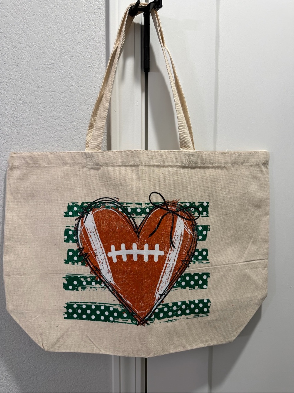 Green Ivory Polkadot Football Heart Large Canvas Sports Tote Shoulder Bag